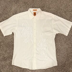 Men's XL White Short Sleeve Button Up Shirt with Embroidery